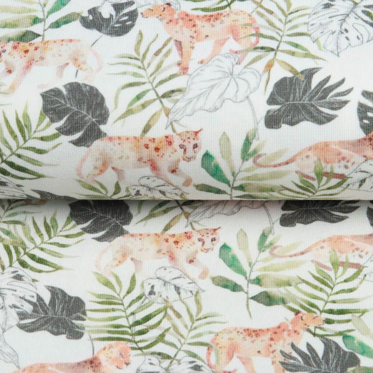 Jersey Digitaldruck - kleine Panter und Palmenblätter - ecru