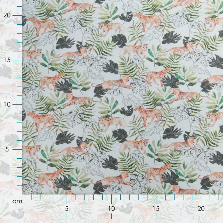 Jersey Digitaldruck - kleine Panter und Palmenblätter - ecru