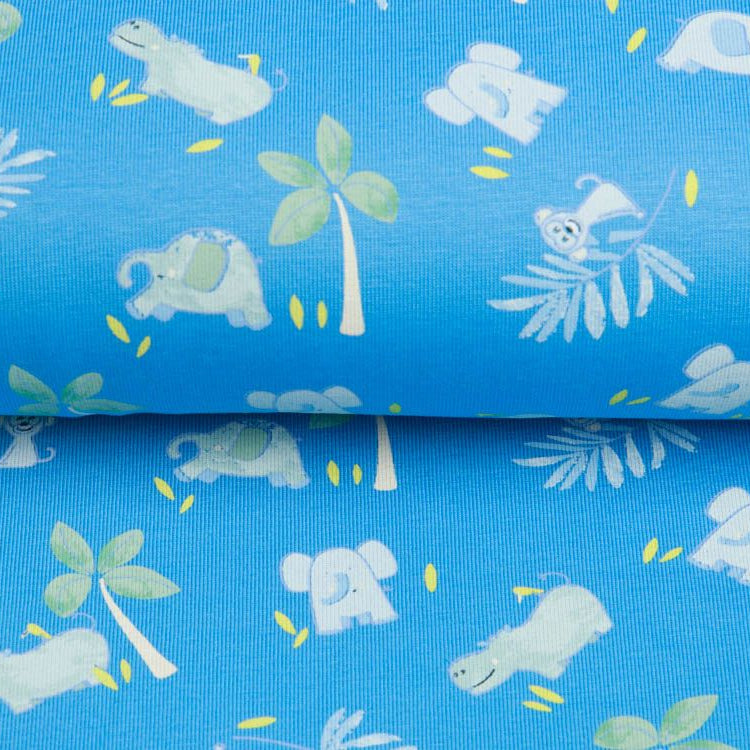 Jersey Cotton - spielende Dschungeltiere - indigoblau