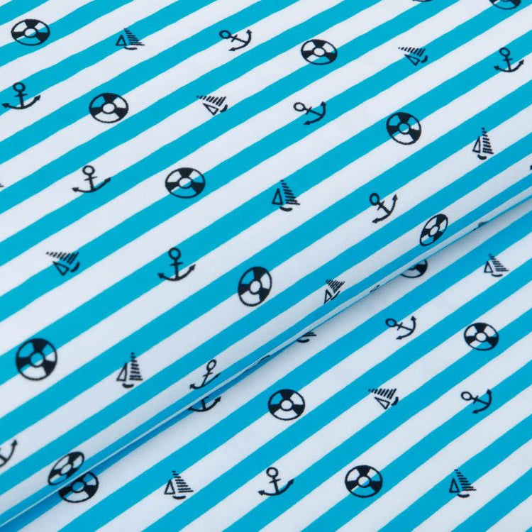 Bade- und Sportstoff - Anker und Boote auf Streifen