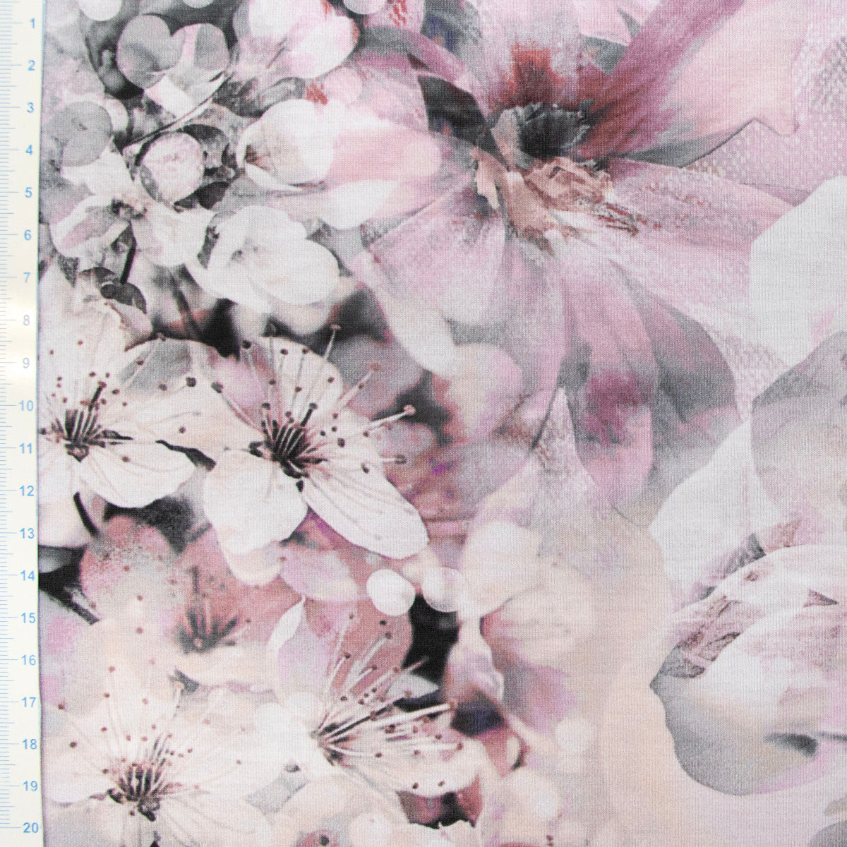 Jersey Digitaldruck - große und kleine Blumen - Weiß - Grau