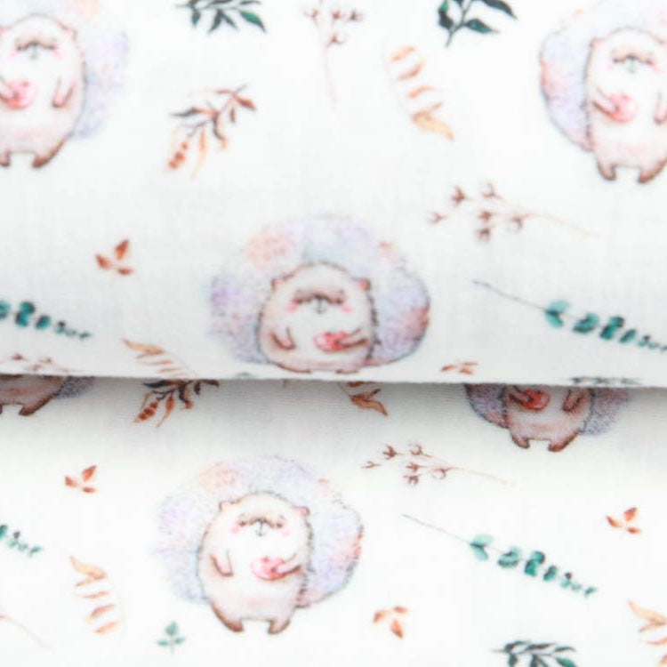 Musselin Baumwolle Double Gauze Digitaldruck - kugelrunde Igelchen - weiß