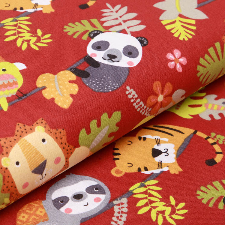 Französische Webware Baumwolle - spielende Zootiere - terrakotta