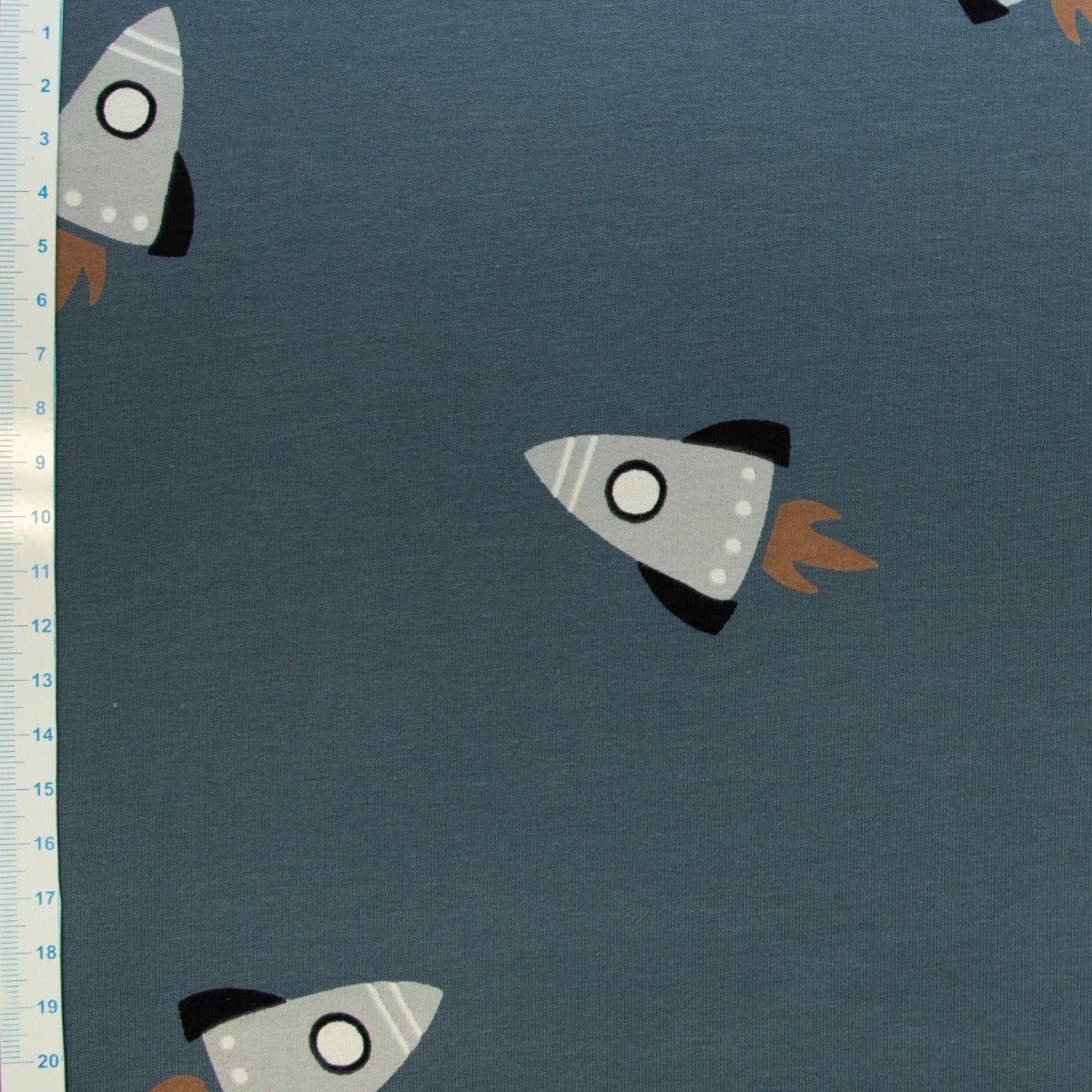 French Terry Digitaldruck - Raketen - indigoblau