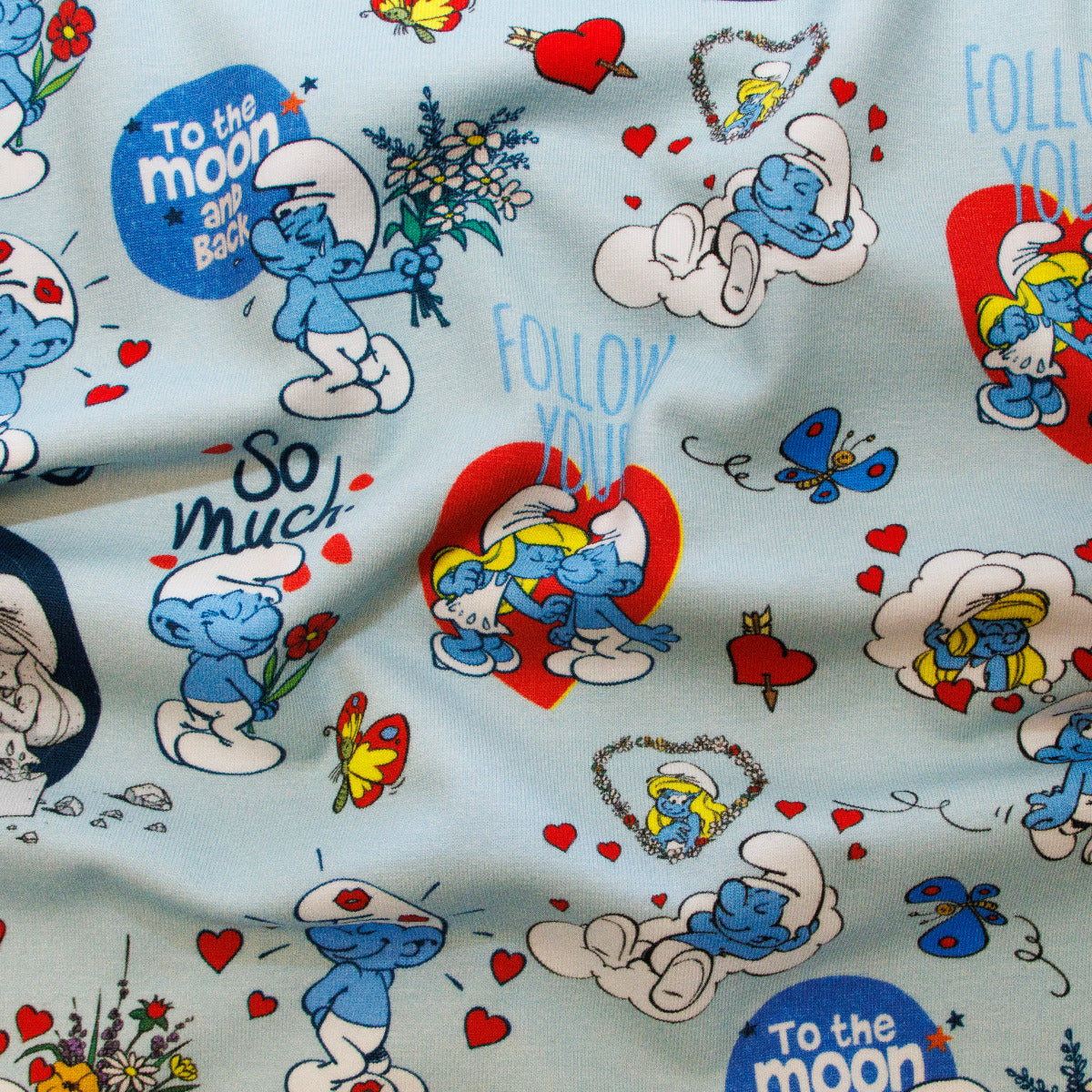 Jersey Digitaldruck - die Schlümpfe - himmelblau