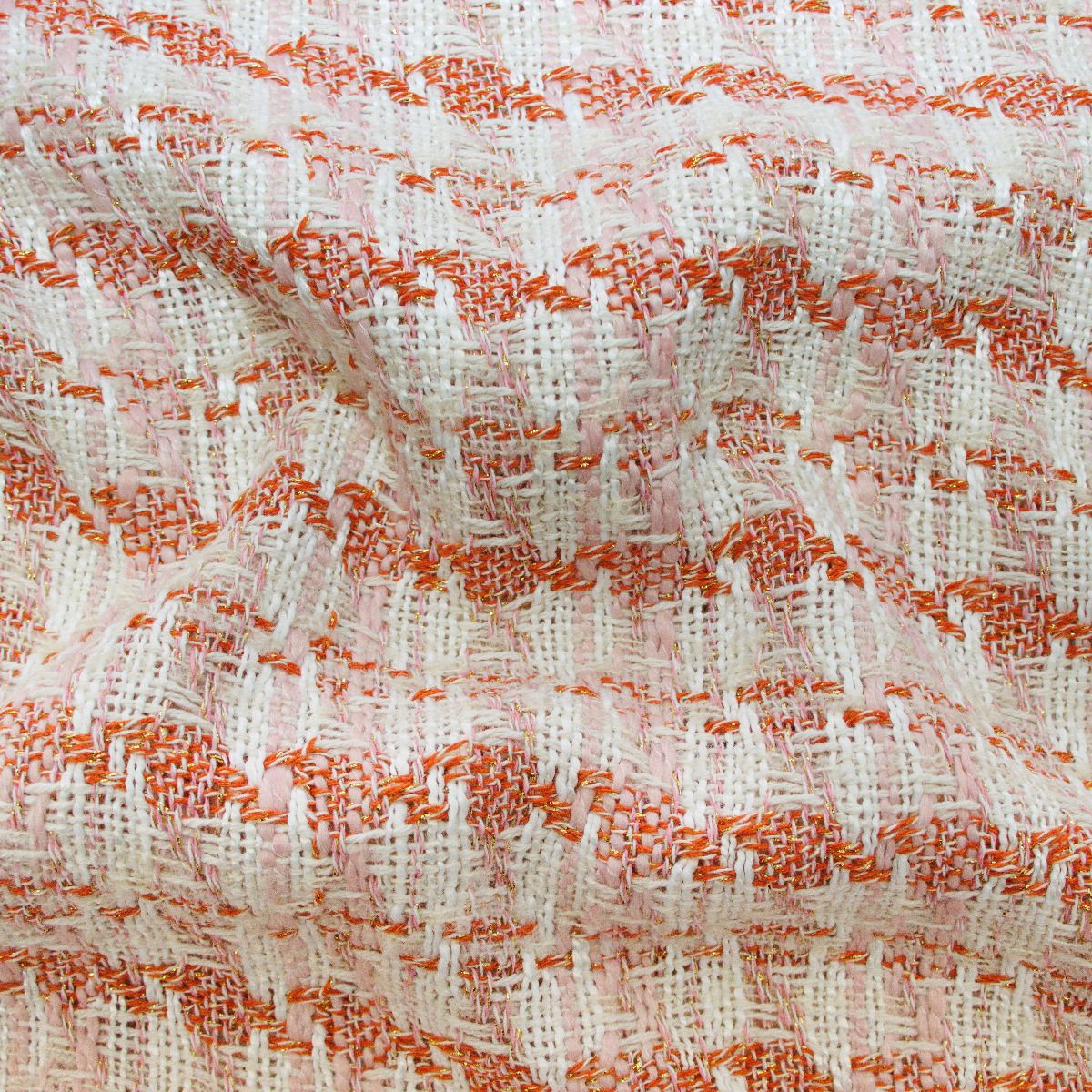 Tweed Mantelstoff - Karo mit Glitzer - wollweiß - rosa