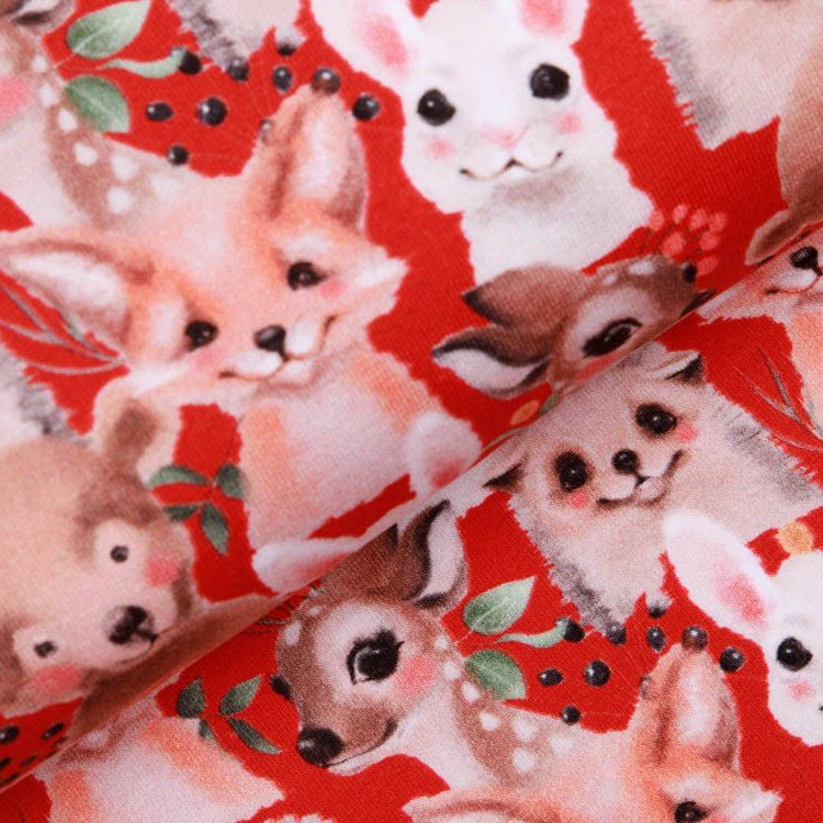 French Terry Digitaldruck Stenzo - süße Waldtiere - rot