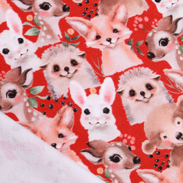 French Terry Digitaldruck Stenzo - süße Waldtiere - rot