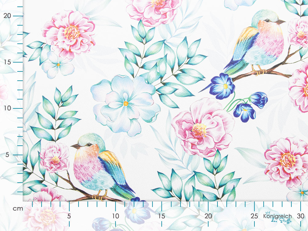 Lederimitat Digitalprint Coupon 50 cm x 140 cm - florale Vögelchen - weiß
