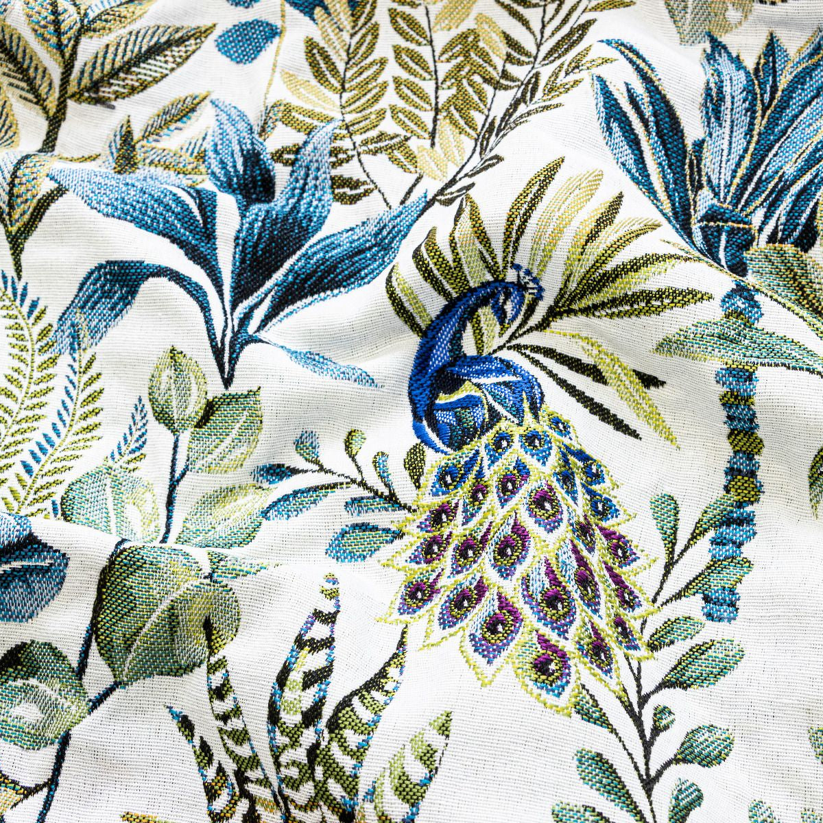 Jacquard Gobelin Dekostoff - Pfauen in der Natur - wollweiß