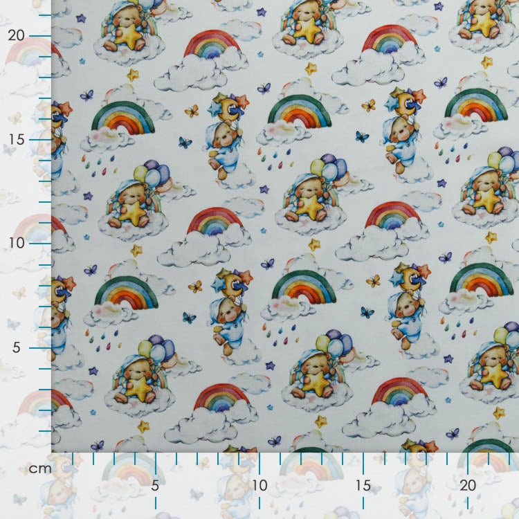 Jersey Digitaldruck Dreamy Bears - süße Bären auf Regenwolken - weiß