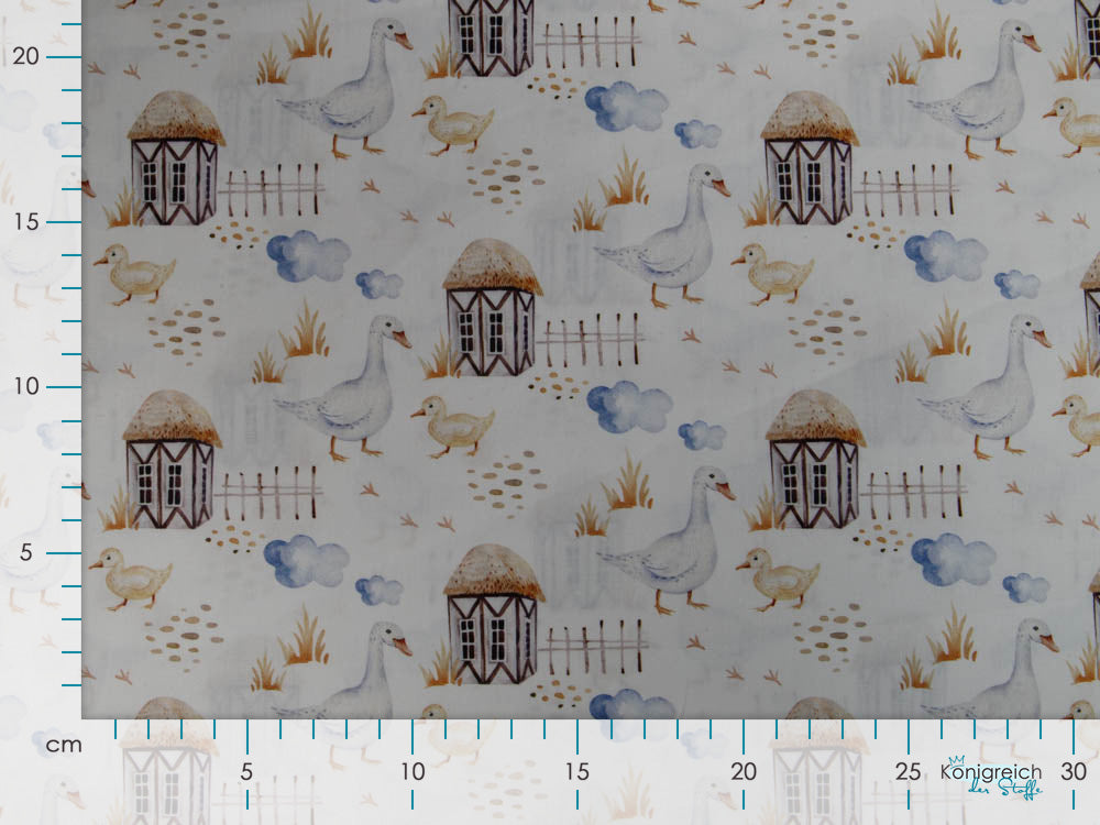 Webware Popeline Digitaldruck Snoozy Farm-Stil - Gänse auf dem Bauernhof - wollweiß