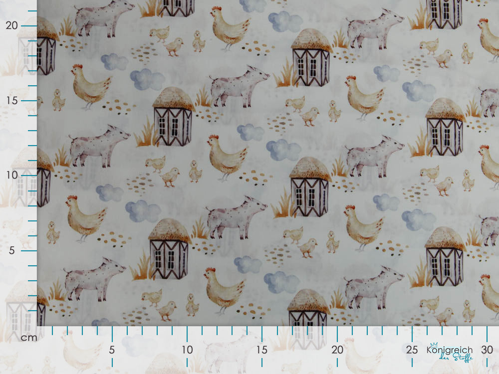 Webware Popeline Digitaldruck Snoozy Farm-Stil - Hühner auf dem Bauernhof - wollweiß