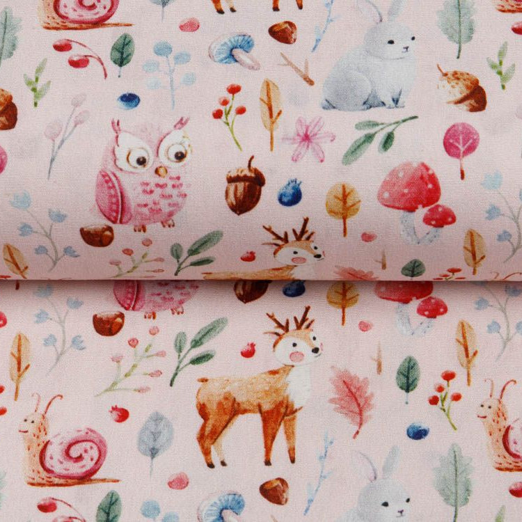 Webware Popeline Digitaldruck Snoozy Hirsch und Freunde - freundliche Waldtiere - rosa