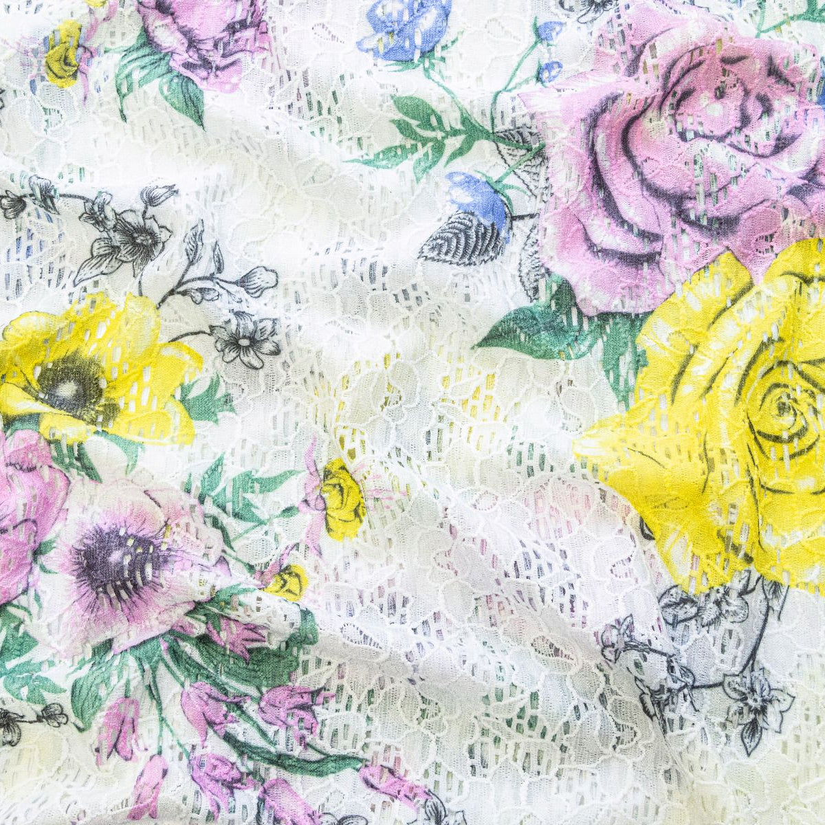 Hochwertige elastische Spitze - buntes Blumenfeld