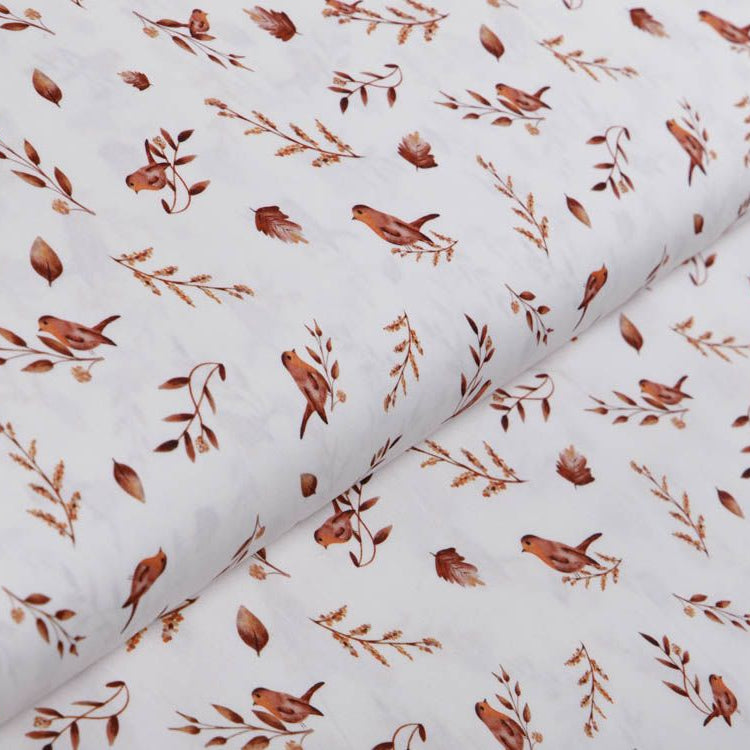Webware Popeline Baumwolle Digitaldruck - Vögel auf Zweigen - weiß