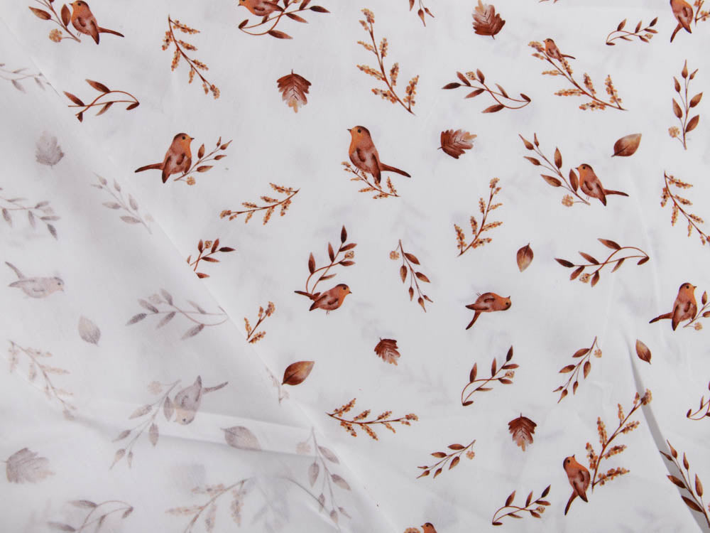 Webware Popeline Baumwolle Digitaldruck - Vögel auf Zweigen - weiß