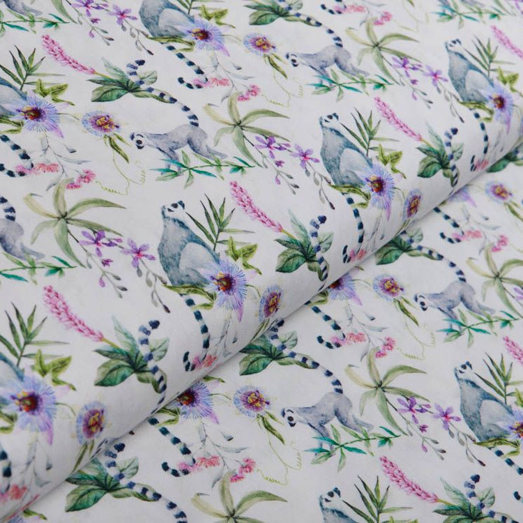 Webware Popeline Baumwolle Digitaldruck - Lemuren - weiß