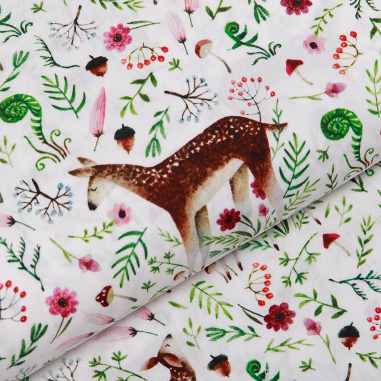 Webware Popeline Baumwolle Digitaldruck - Rehkitze und Gräser - weiß