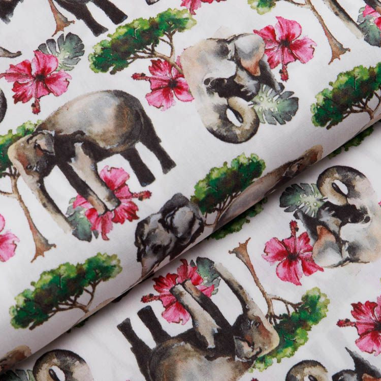 Webware Popeline Baumwolle Digitaldruck - posaunende Elefanten - weiß