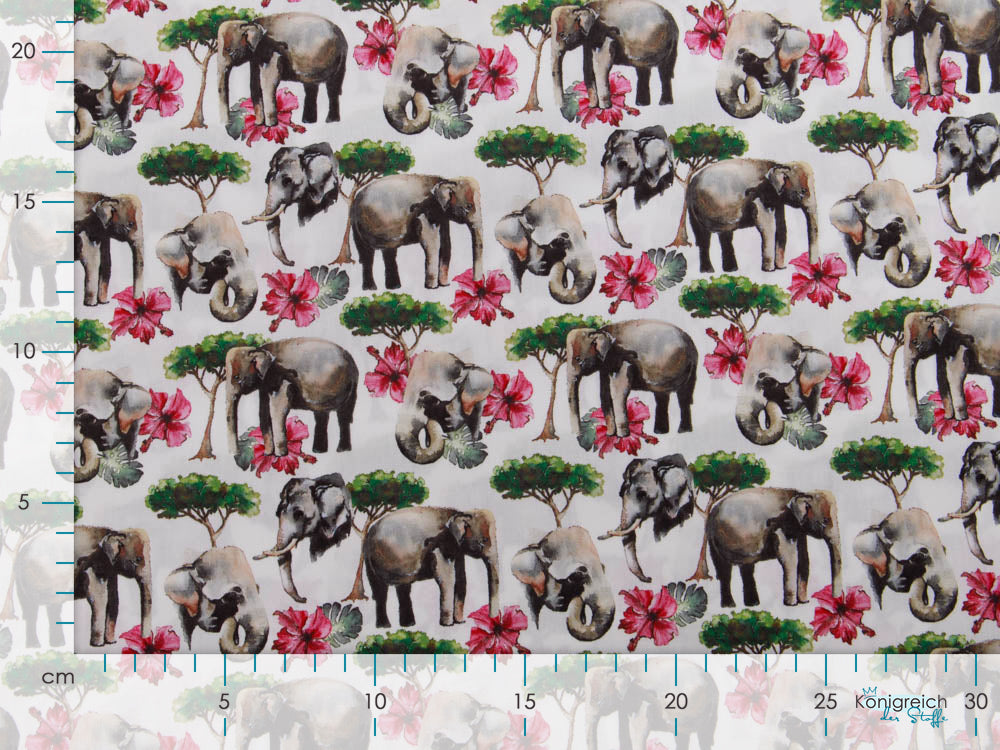 Webware Popeline Baumwolle Digitaldruck - posaunende Elefanten - weiß
