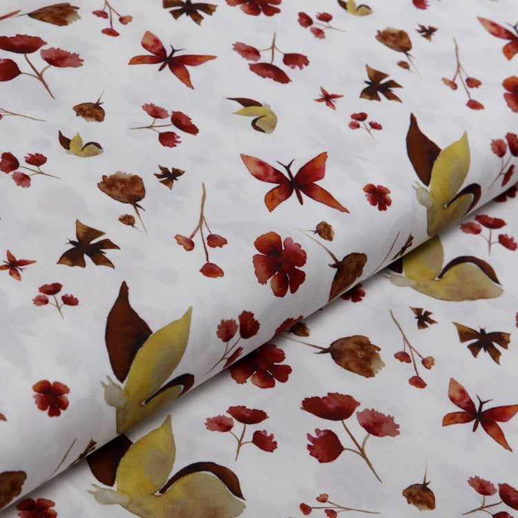 Webware Popeline Baumwolle Digitaldruck - Blüten und Schmetterlinge - weiß