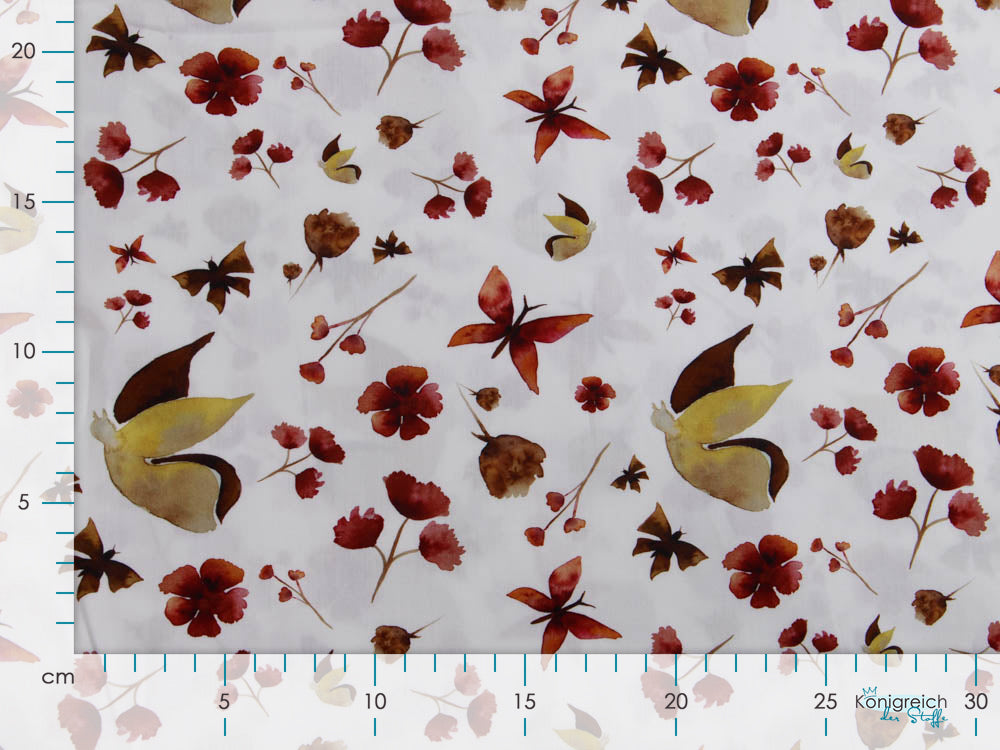 Webware Popeline Baumwolle Digitaldruck - Blüten und Schmetterlinge - weiß