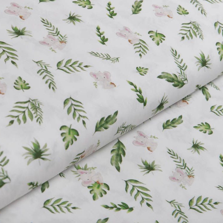 Webware Popeline Baumwolle Digitaldruck - Baby Elefanten und Blätter - weiß