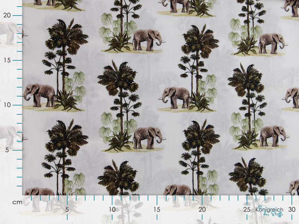 Webware Popeline Baumwolle Digitaldruck - Elefanten und Bäume - weiß