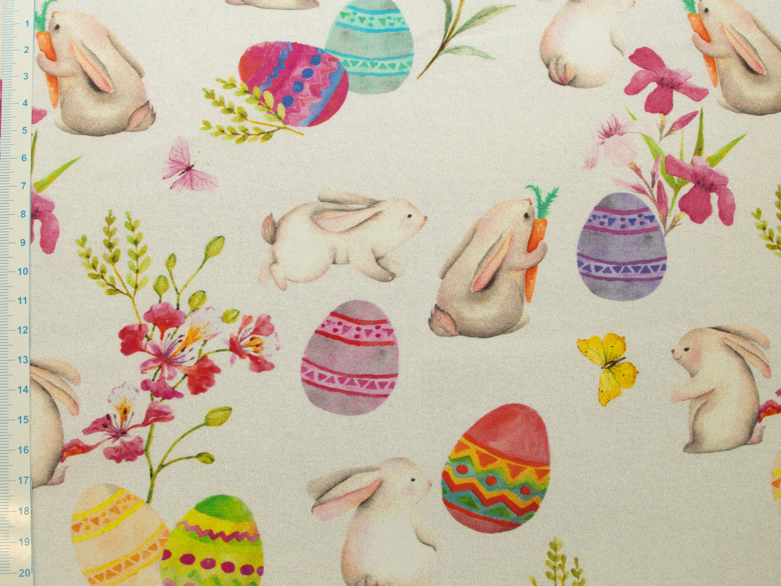 Webware Baumwolle Swafing - Happy Easter - bunte Ostereier und Hasen - hellgrau