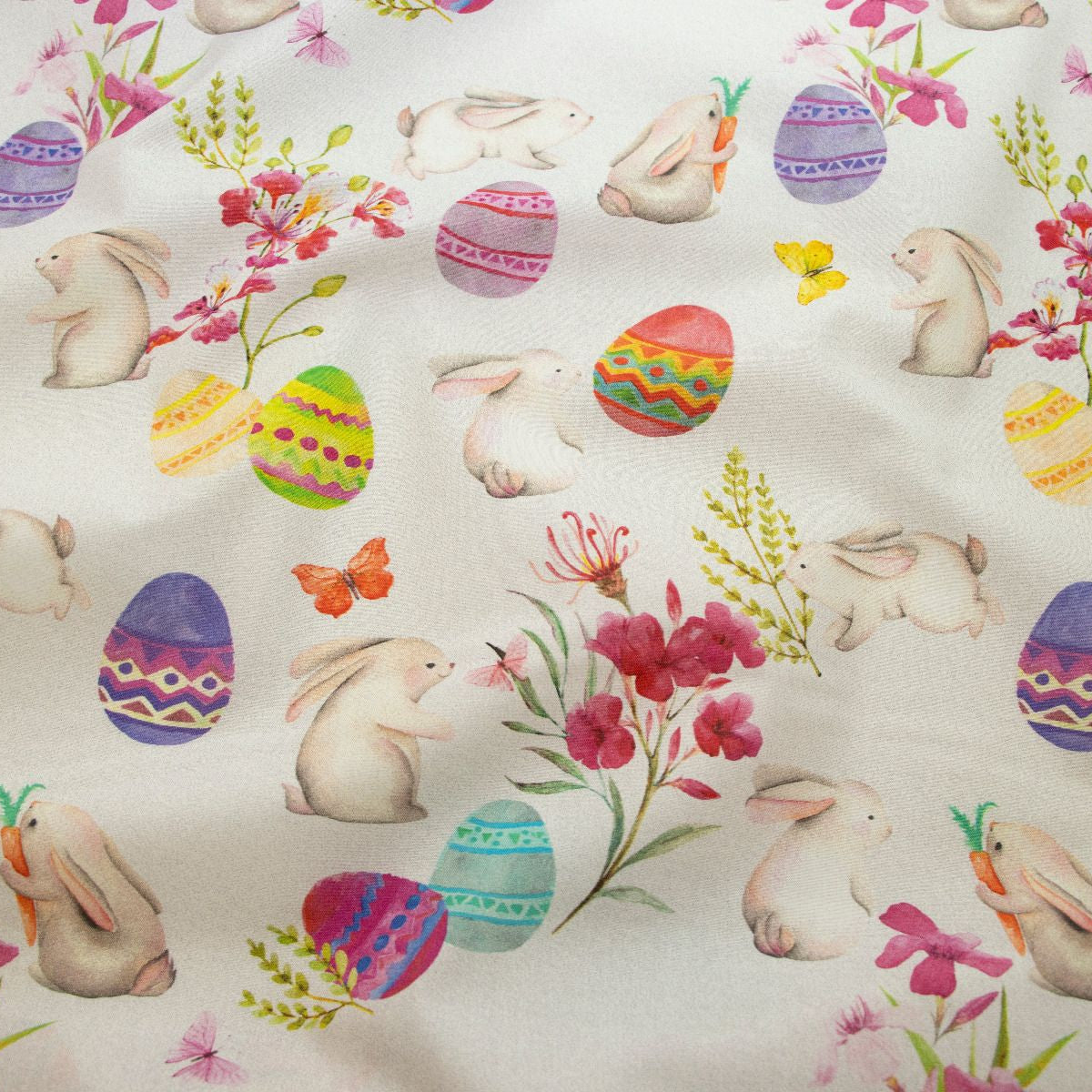 Webware Baumwolle Swafing - Happy Easter - bunte Ostereier und Hasen - hellgrau