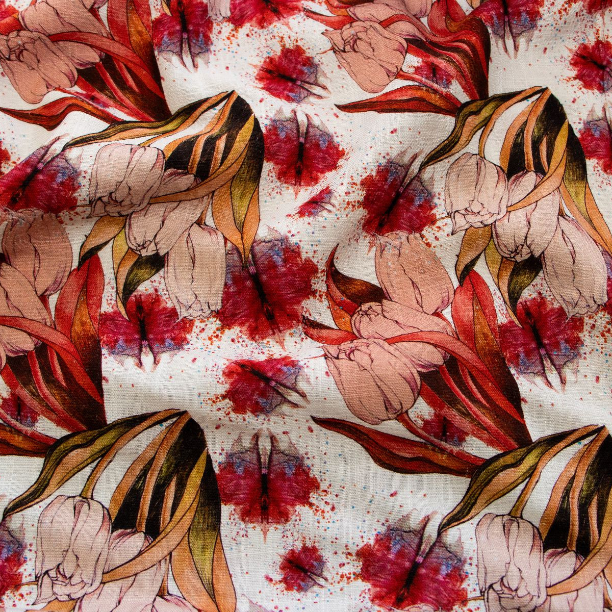 Webware Leinen Viskose Digitaldruck - Tulpen - beige - rot - rosa