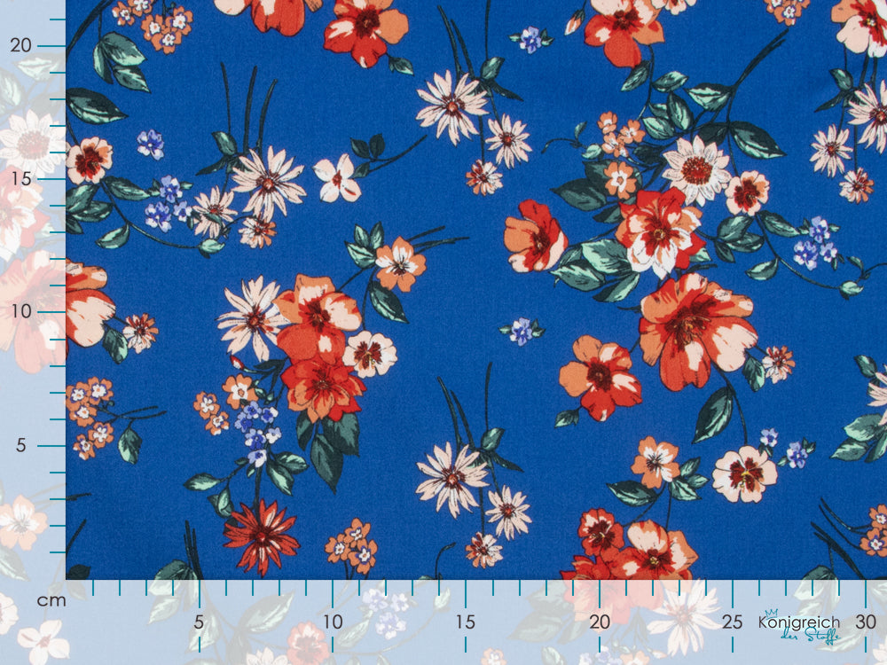 Webware Baumwolle Stretch - Blumenwiese - royalblau