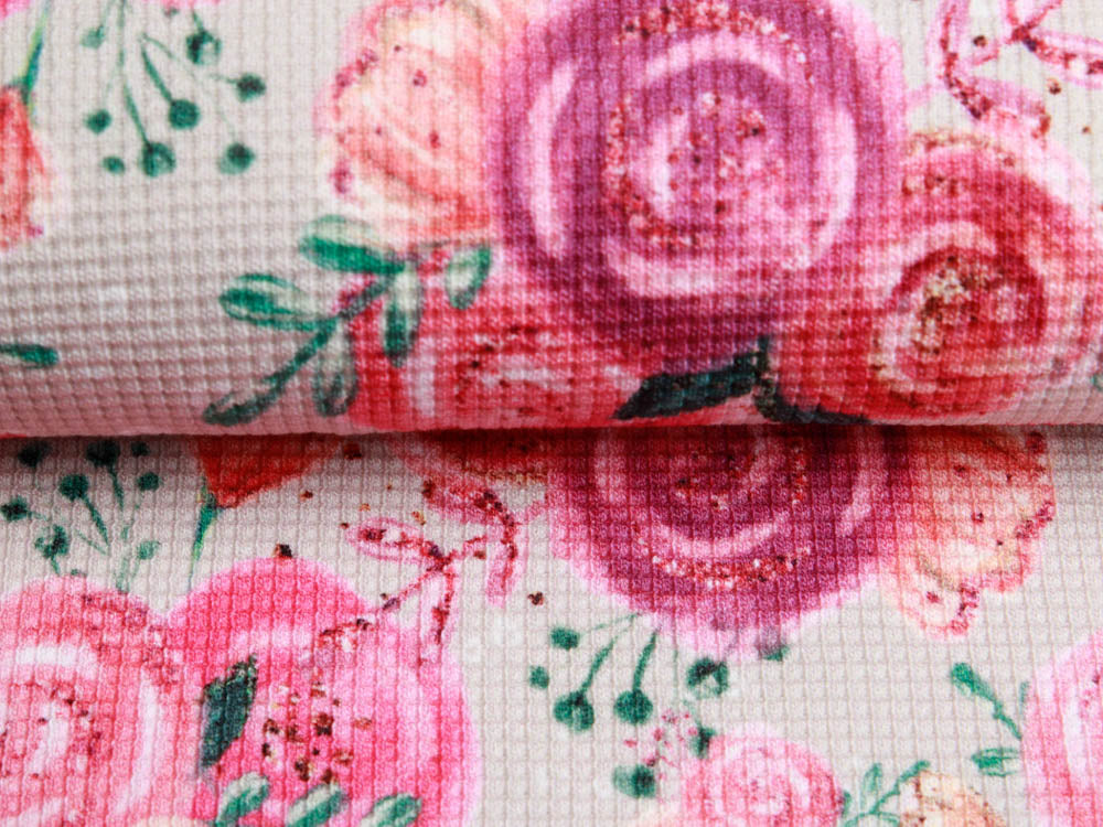 Jersey Waffelstrick Digitaldruck - Blumensträuße auf Waffeloptik