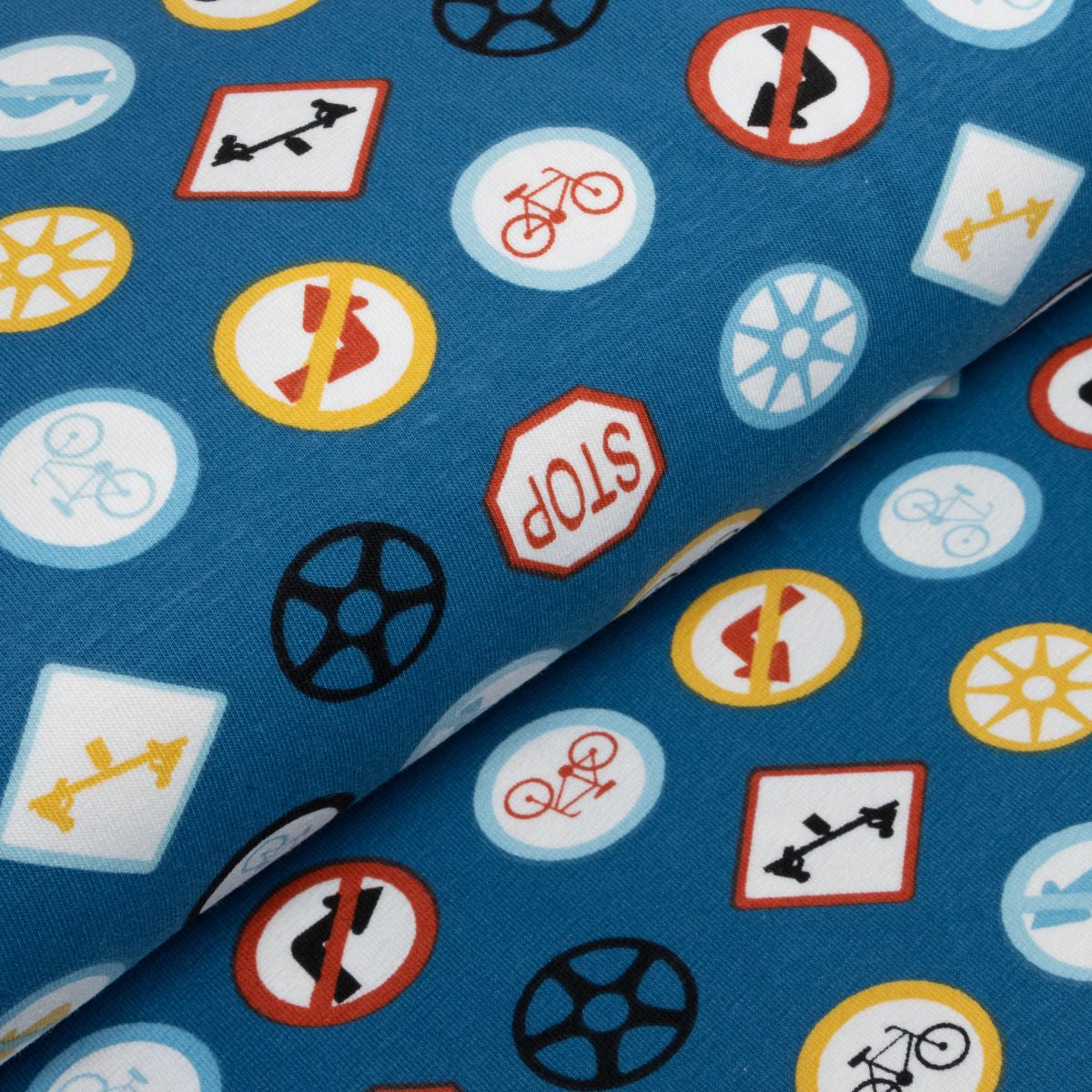 Französischer Jersey - verschiedene Verkehrszeichen - blau