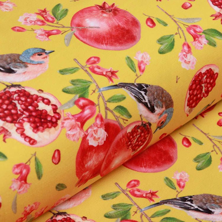 Jersey Digitalprint Stenzo - Granatäpfel und kleine Vögel - gelb