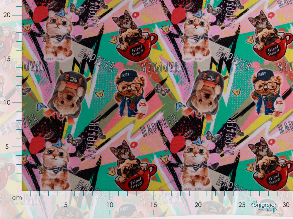 Jersey Digitalprint Stenzo - fröhliche Haustiere - mint / rosa