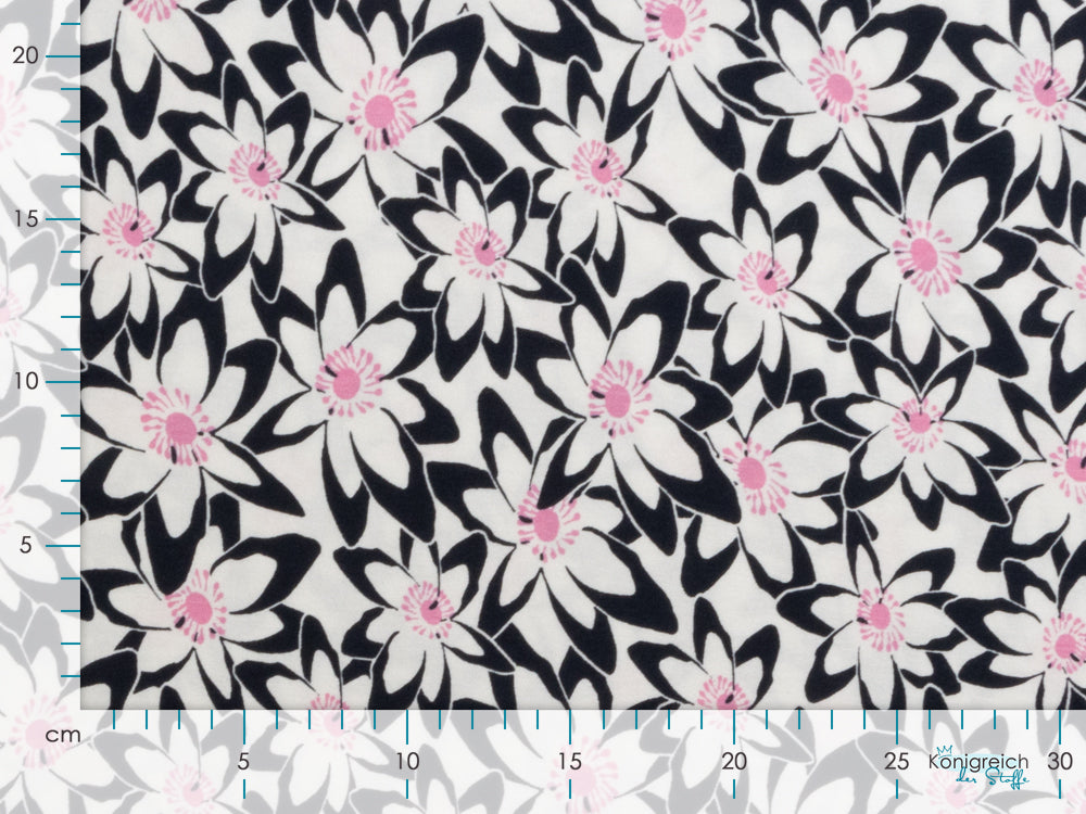 Jersey Viskose - Blumenwiese - nachtblau/weiß/rosa