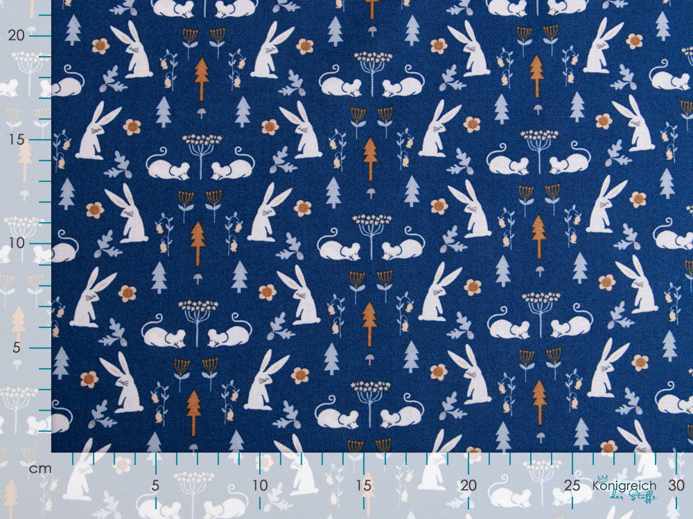 Webware Baumwolle Patchwork - Hasen und Mäuse - blau