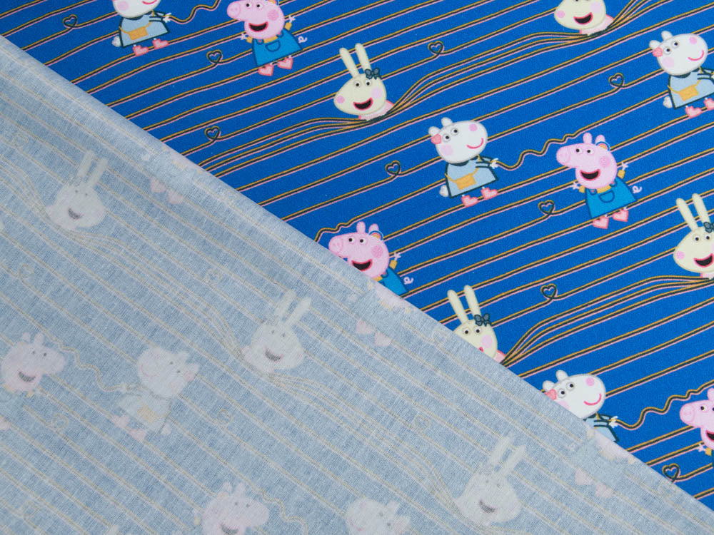 Webware Popeline Baumwolle Digitaldruck Peppa Wutz - Peppa und ihre Freunde auf Streifen - blau