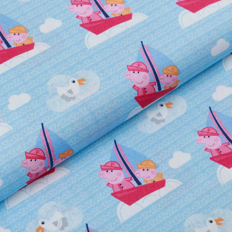 Webware Popeline Baumwolle Digitaldruck Peppa Wutz - auf Seefahrt - helles blau