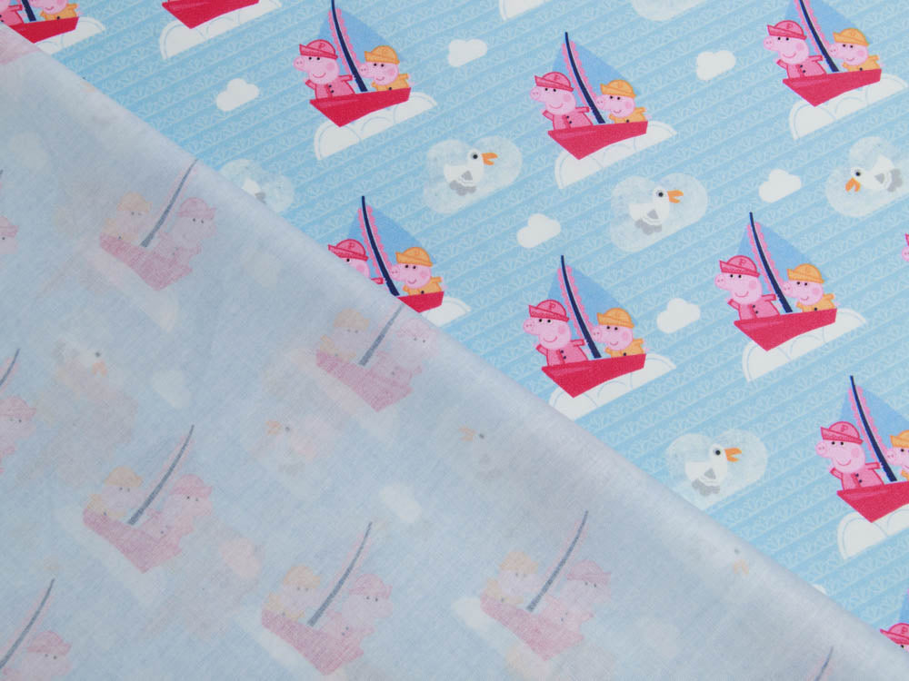 Webware Popeline Baumwolle Digitaldruck Peppa Wutz - auf Seefahrt - helles blau