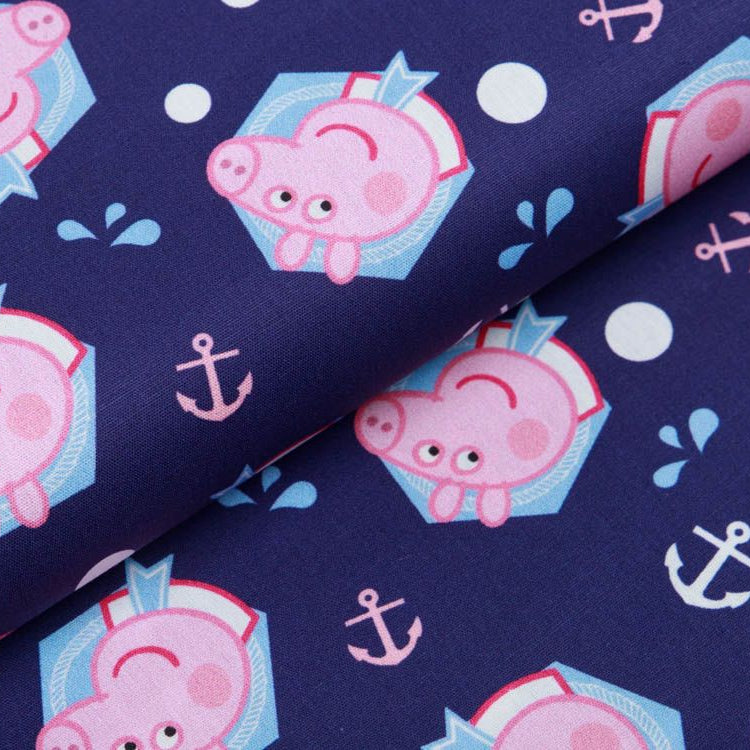 Webware Popeline Baumwolle Digitaldruck Peppa Wutz - Peppa und Anker - dunkles blau