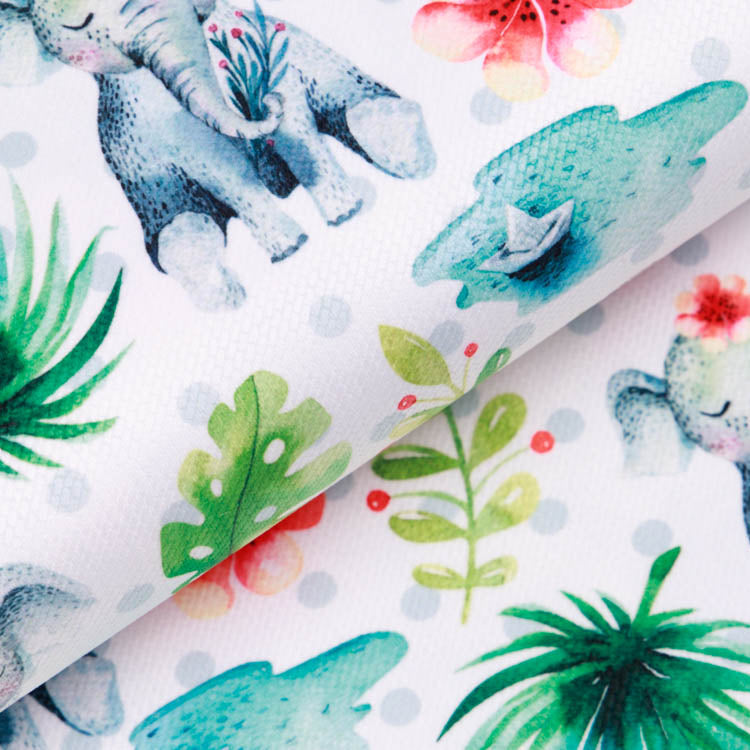 Struktur Velvet - Elefanten und Palmenblätter - weiß