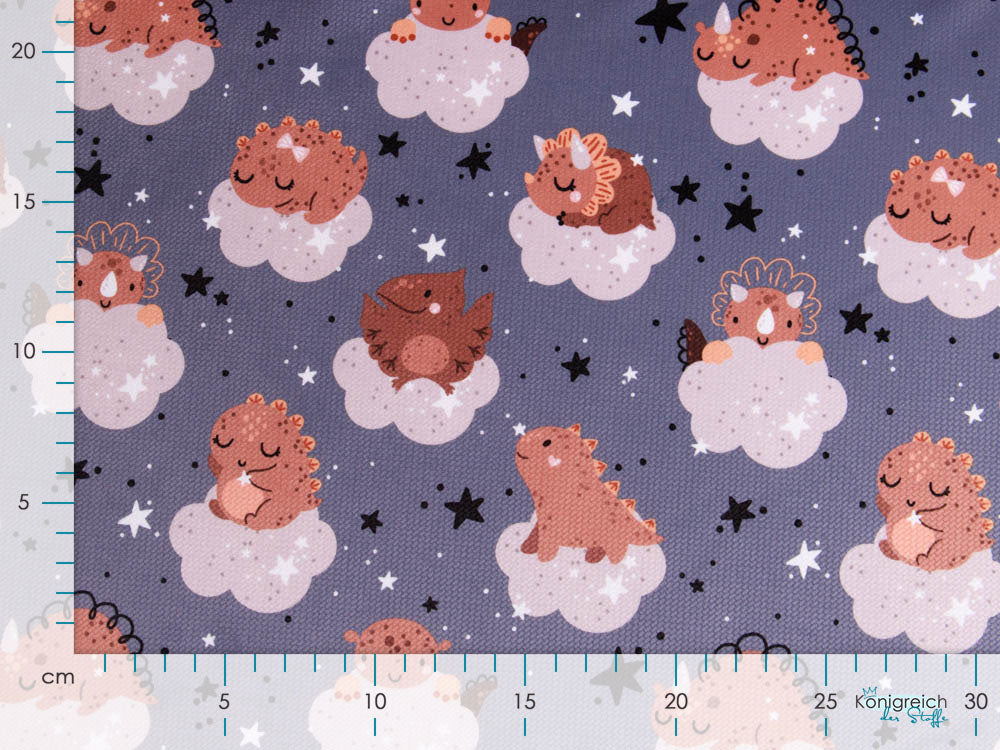 Struktur Velvet - kleine Dinos auf Wolken - grau