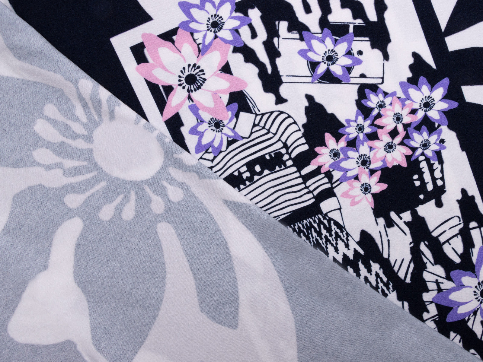 Jersey Viskose PANEL ca. 70cm x 155cm - Dame mit Blumenkopf - nachtblau/weiß/rosa/lila