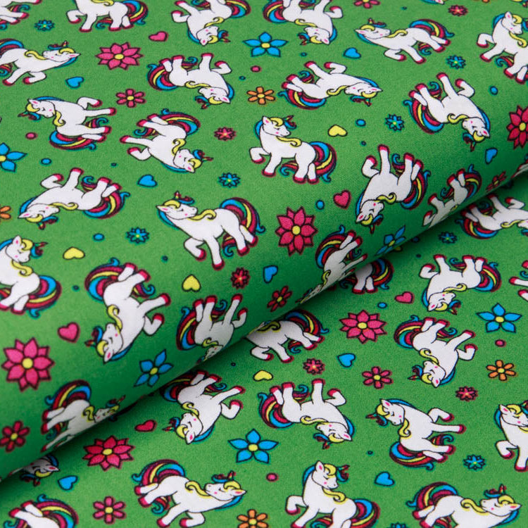Webware Baumwolle Popeline - Einhörner und Blumen - grün