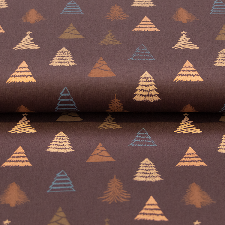 Webware Baumwolle Popeline mit Foliendruck - geschmückte Tannenbäume