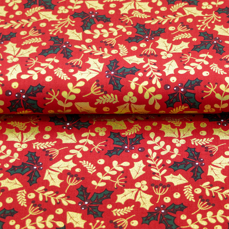 Webware Baumwolle Popeline mit Foliendruck - Stechpalme und Winterbeeren