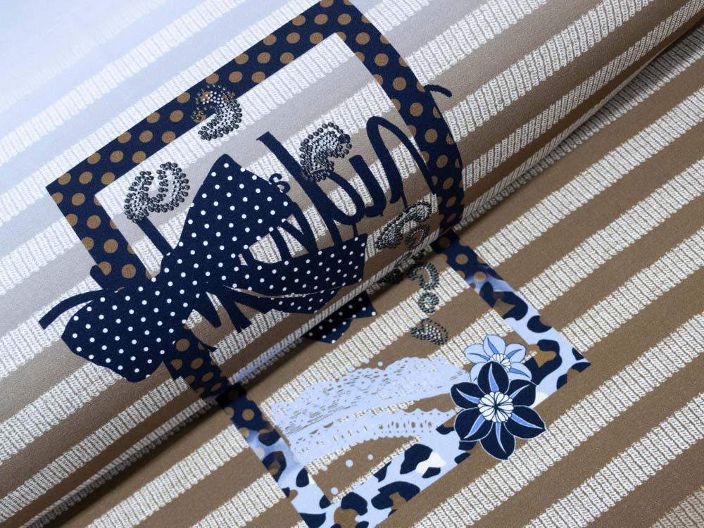 Jersey Viskose Panel ca. 125cm x 150cm - verzierter Rahmen auf Streifen - braun/hellblau